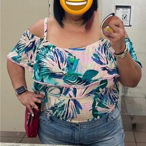 Torrid Tropical Off-Shoulder Smocked Crop Top | Size 3 (3X) | Ruffle Detail